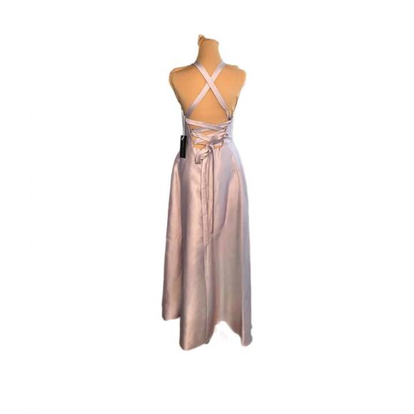 NEW ALFRED SUNG halter neck satin crisscross gown in moondance - Picture 5 of 6